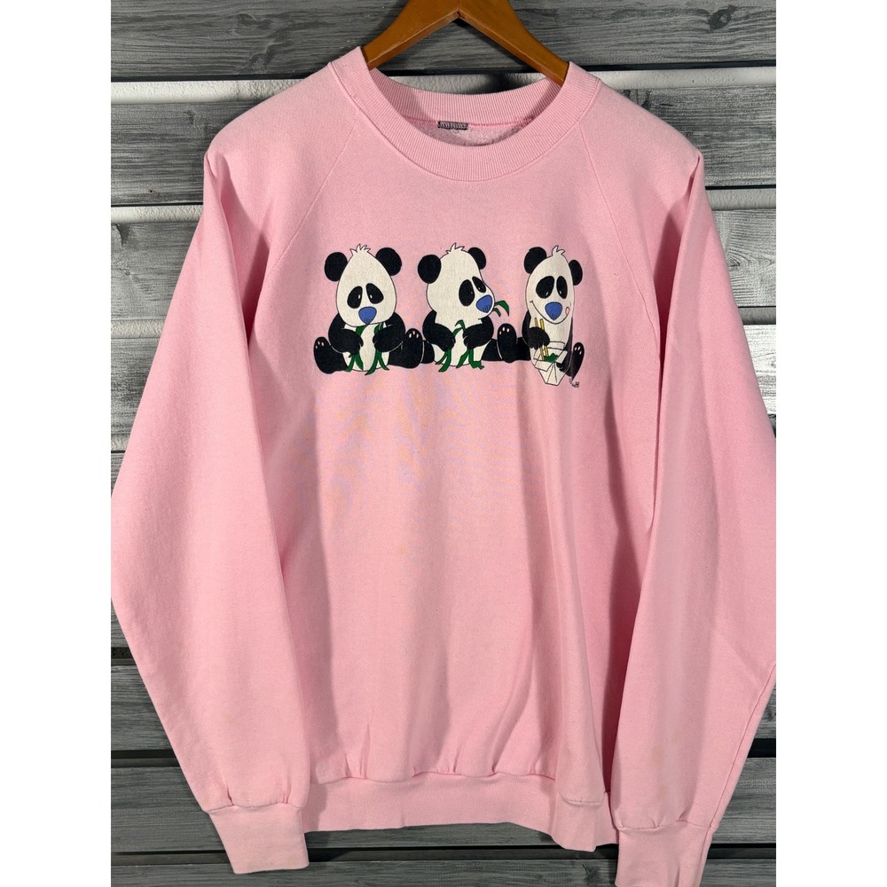 Vintage 1988 Panda Bear Sweatshirt Pink Raglan Pullover Mens M 80s animal print